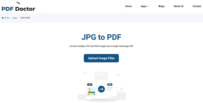 The PDF Doctor JPG to PDF tool landing page, showing the page title 