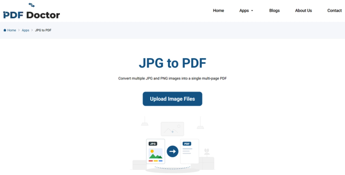 The PDF Doctor JPG to PDF tool landing page, showing the page title