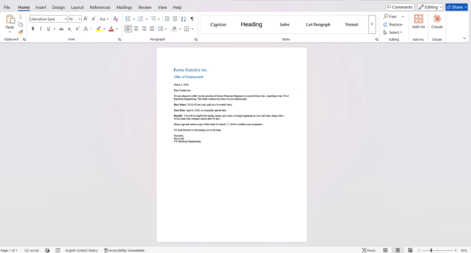 The clean version of the test Word document open in Microsoft Word, showing an offer letter from Acme Robotics Inc. to Jordan Lee with a Base Salary line reading $126,500 and no visible tracked changes or comments.