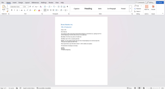 The clean version of the test Word document open in Microsoft Word, showing an offer letter from Acme Robotics Inc. to Jordan Lee with a Base Salary line reading $126,500 and no visible tracked changes or comments.