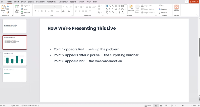 Slide 2 of the test deck in PowerPoint's editing view: a bulleted list titled 