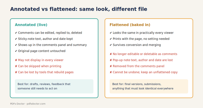 Comparison of an annotated PDF and a flattened PDF, listing what each keeps and loses
