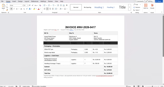 The same invoice table after PDF to Word conversion, open in Microsoft Word, with the merged category header rows, item rows, and subtotal/GST/total rows all preserved correctly