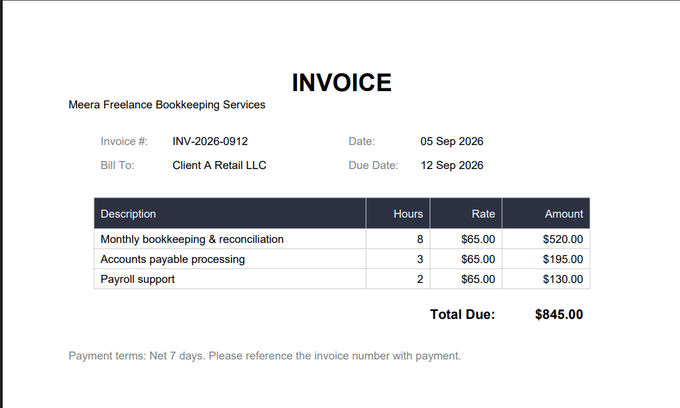 Sample invoice from Meera Freelance Bookkeeping Services, billed to Client A Retail LLC, totaling $845.00 — the first file in this merge example