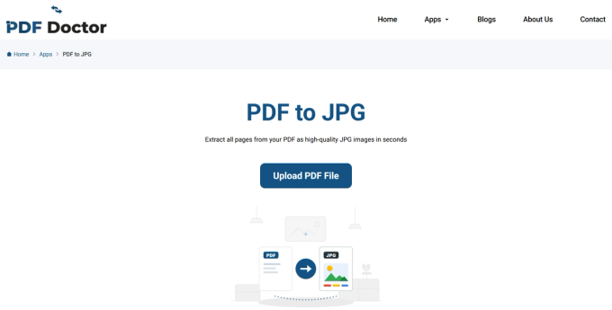PDF Doctor's PDF to JPG tool landing page, showing the headline 'PDF to JPG,' the description 'Extract all pages from your PDF as high-quality JPG images in seconds,' and the Upload PDF File button before any file is selected.