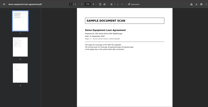 A converted three-page PDF open in a browser's built-in PDF viewer, with page thumbnails in a left-hand sidebar and page 1 displayed on the right, showing a boxed 