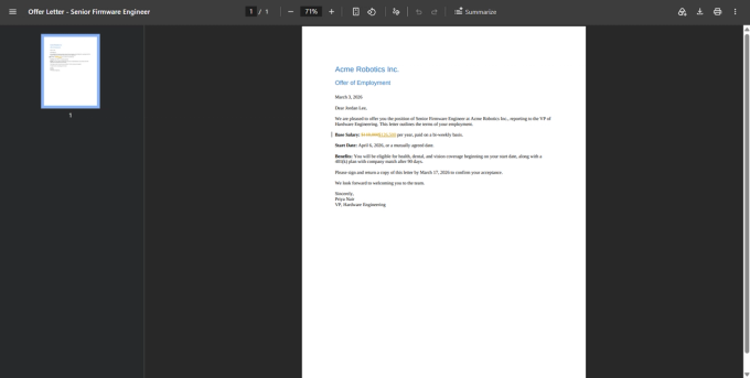 PDF Doctor's converted output for the unresolved file, viewed in a browser PDF viewer, showing the Base Salary line as 