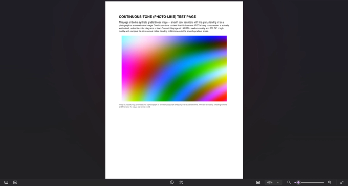 The gradient test page after PDF to JPG conversion, checked for banding or blockiness in the smooth color transitions.