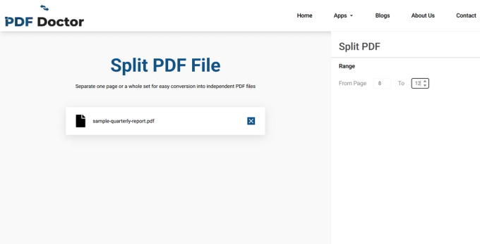 Page range selector on the PDF Doctor split tool set to extract pages 8 through 12