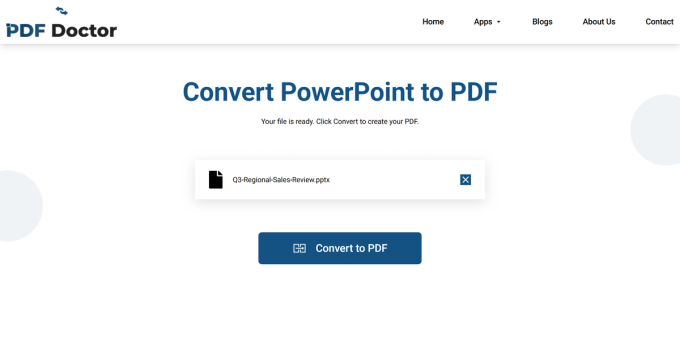 Screenshot of the PDF Doctor tool after uploading Q3-Regional-Sales-Review.pptx, showing the file name in a card and a blue 