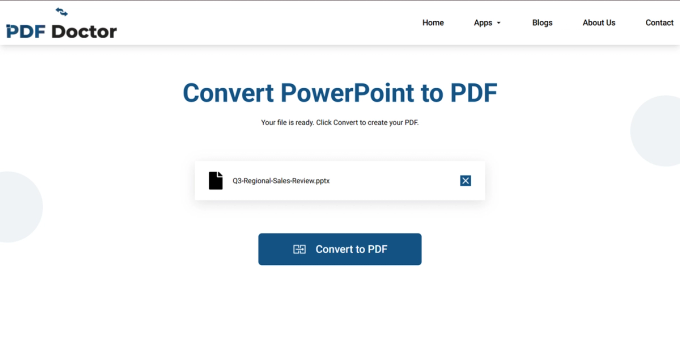 Screenshot of the PDF Doctor tool after uploading Q3-Regional-Sales-Review.pptx, showing the file name in a card and a blue