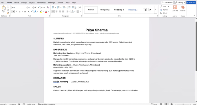 The converted Word document from sample-01-text-based-resume.pdf, open in Microsoft Word, showing Priya Sharma's resume with headings, formatting, and body text preserved accurately