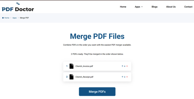 Review screen listing ClientA_Invoice.pdf and ClientA_Receipt.pdf in merge order 1 and 2, with up/down reorder arrows and a remove option on each row before merging