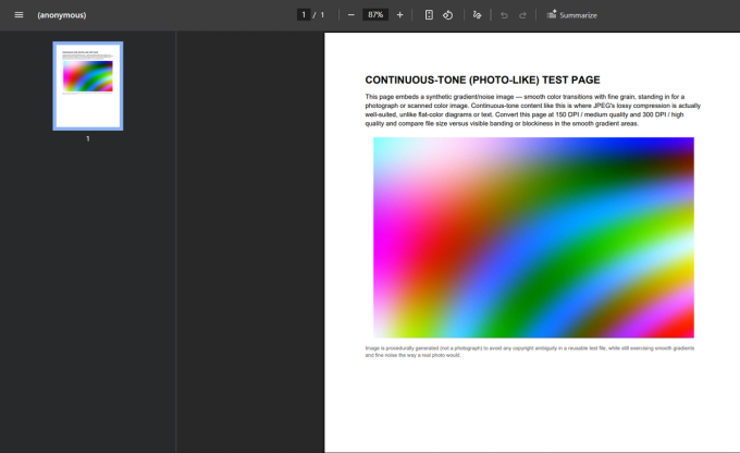 The continuous-tone gradient test PDF open in a browser PDF viewer, showing the synthetic photo-like gradient used to test JPEG compression on smooth color transitions.