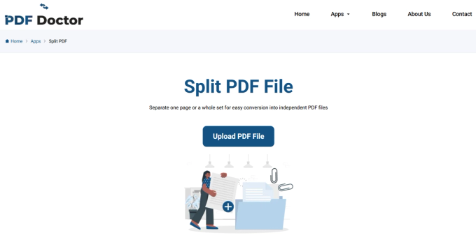 PDF Doctor split tool landing page before uploading a file, showing the Split PDF File heading and Upload PDF File button