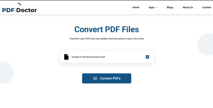 PDF Doctor tool with sample-01-text-based-resume.pdf uploaded and ready to convert, with the 