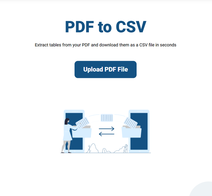 Screenshot of the PDF Doctor PDF to CSV tool landing page before uploading a file.