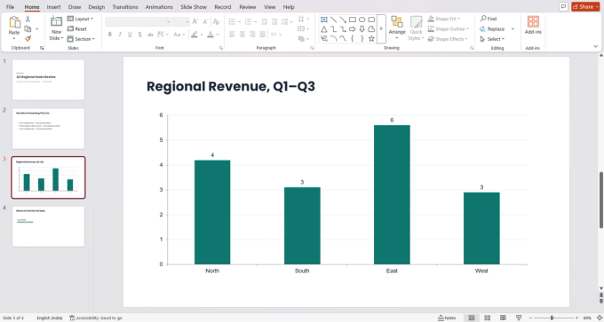 Slide 3 of the test deck in PowerPoint's editing view: a native bar chart titled 