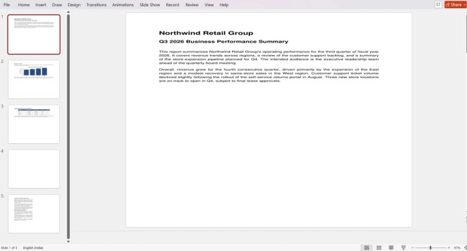 Screenshot of the converted sample-quarterly-report.pptx file open in PowerPoint, showing the slide thumbnail panel with all five converted slides and the first slide's title and body text displayed in the main editing view