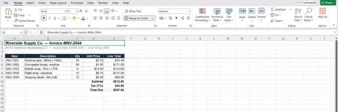 Converted Excel spreadsheet for Riverside Supply Co. Invoice #INV-2044, showing columns for Item, Description, Qty, Unit Price, and Line Total across five line items, with Subtotal ($512.00), Tax 7% ($35.84), and Total Due ($547.84) rows below, in Arial with a dark invoice-style header row.