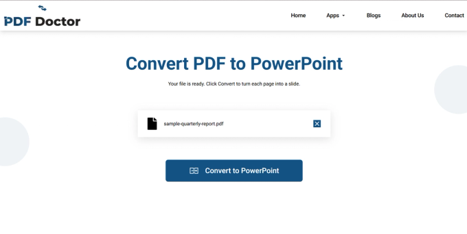Screenshot of the PDF Doctor tool after uploading sample-quarterly-report.pdf, showing the file listed as ready with a blue 