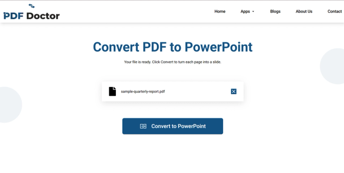 Screenshot of the PDF Doctor tool after uploading sample-quarterly-report.pdf, showing the file listed as ready with a blue