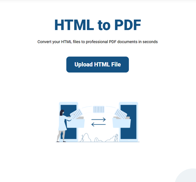 Screenshot of the PDF Doctor HTML to PDF tool landing page before uploading a file.