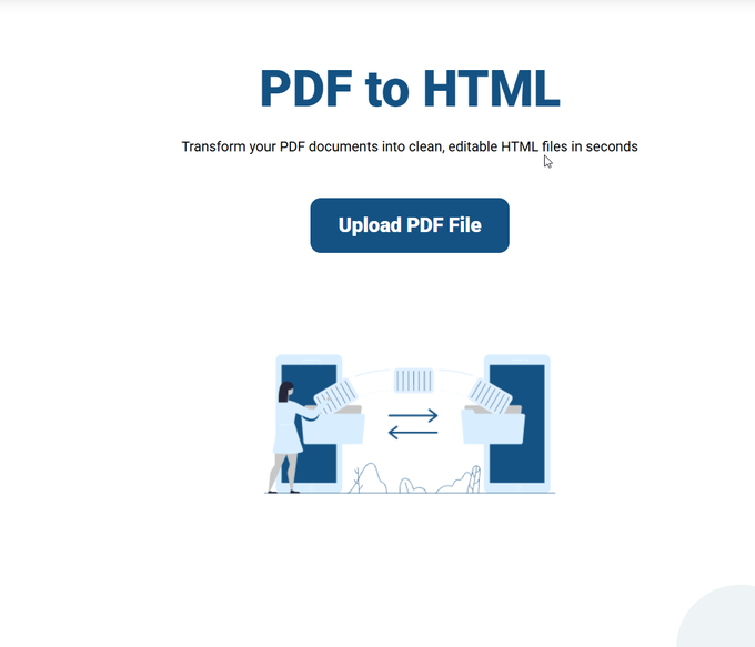Screenshot of the PDF Doctor PDF to HTML tool landing page before uploading a file.