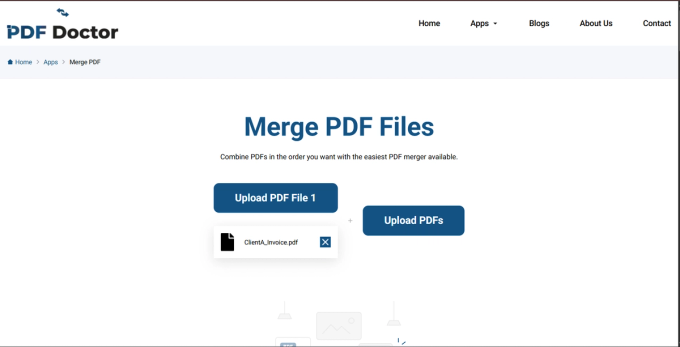 PDF Doctor merge tool with ClientA_Invoice.pdf uploaded as File 1; the second upload slot is still empty and the Merge PDFs button is inactive