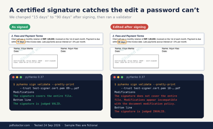 Certified signature tamper test: the original contract with 15-day payment terms validates as VALID, and the copy edited to 90 days validates as INVALID in pyHanko