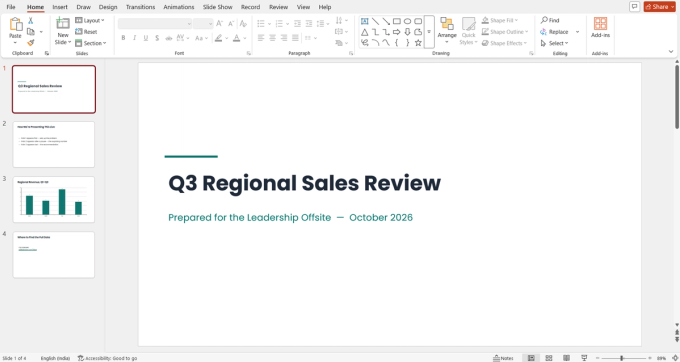 Slide 1 of the test deck in PowerPoint's editing view: a title slide reading 