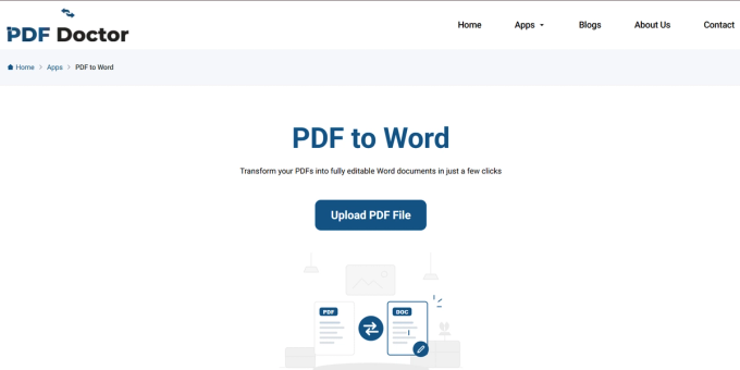 PDF Doctor's PDF to Word tool landing page, showing the 