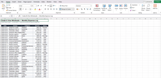 Converted Excel spreadsheet for the Cedar & Vine Wholesale Monthly Expense Log, showing a continuous list of dated expense line items with Vendor, Category, Amount, and Status columns, alternating row shading, and no duplicated header row despite the source PDF spanning two pages.