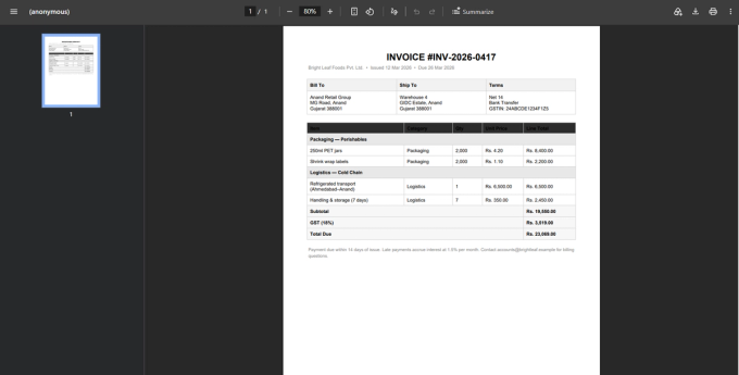 Source invoice PDF showing a table with merged category header rows above the Packaging and Logistics line items