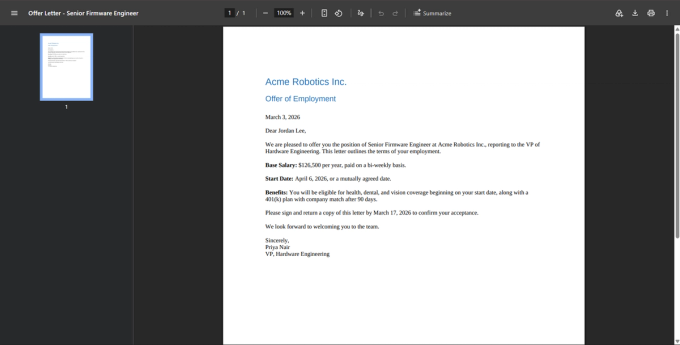 PDF Doctor's converted output for the cleaned-up file, viewed in a browser PDF viewer, showing a clean Base Salary line reading $126,500 with no markup or strikethrough visible.