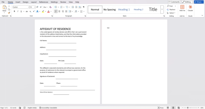 The scanned affidavit after PDF to Word conversion, showing the text was extracted via automatic OCR into an editable Word document, with page 1 holding the affidavit body and page 2 holding just the