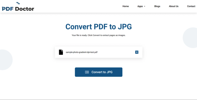 PDF Doctor's Convert PDF to JPG screen showing sample-photo-gradient-dpi-test.pdf uploaded and ready, with the Convert to JPG button.