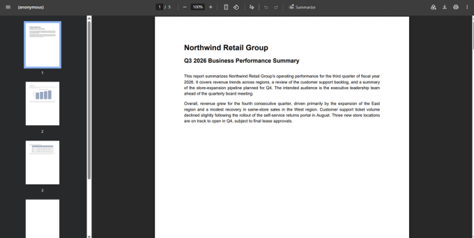 Original PDF table page, showing a clean native table with headers Region, Q2 Revenue, Q3 Revenue, Change, Stores