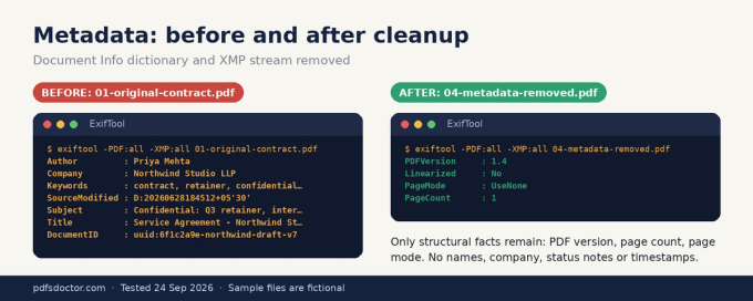 ExifTool comparison of a PDF before and after metadata removal: author, company, subject, keywords and timestamps are gone, leaving only PDF version and page count