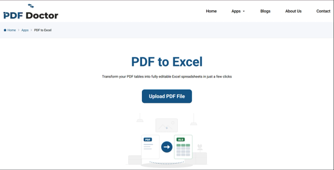 The PDF Doctor PDF-to-Excel tool page, showing the site header with Home, Apps, Blogs, About Us, and Contact navigation, a breadcrumb reading Home > Apps > PDF to Excel, the heading 