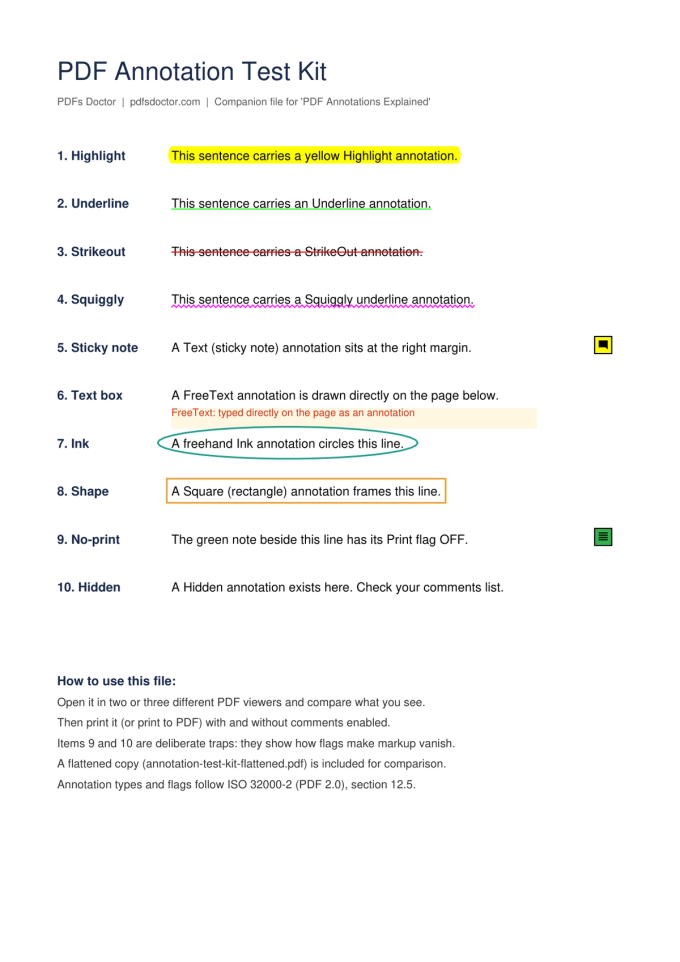The same test file after flattening, with all visible markup baked into the page and no live annotations remaining