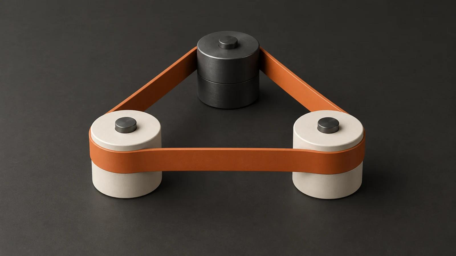 A continuous burnt-orange belt connects three ivory and charcoal rollers in a triangular mechanism.