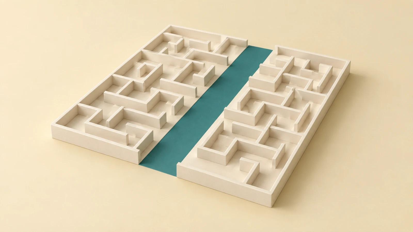 A broad teal passage runs straight through an ivory architectural maze on a pale yellow surface.
