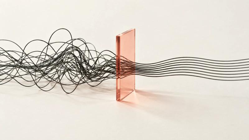 Irregular charcoal lines pass through a translucent coral lens and emerge as an orderly parallel pattern.