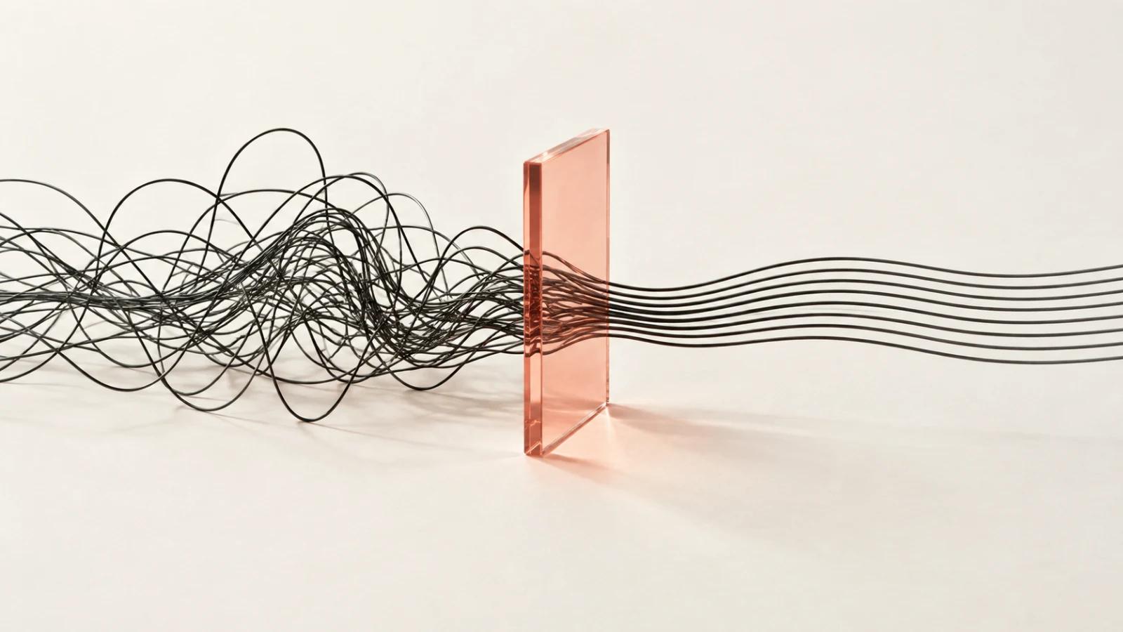 Irregular charcoal lines pass through a translucent coral lens and emerge as an orderly parallel pattern.