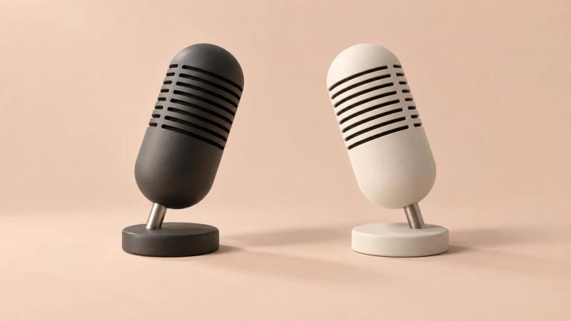 Two sculptural microphones in charcoal and ivory lean toward each other against a warm peach background.