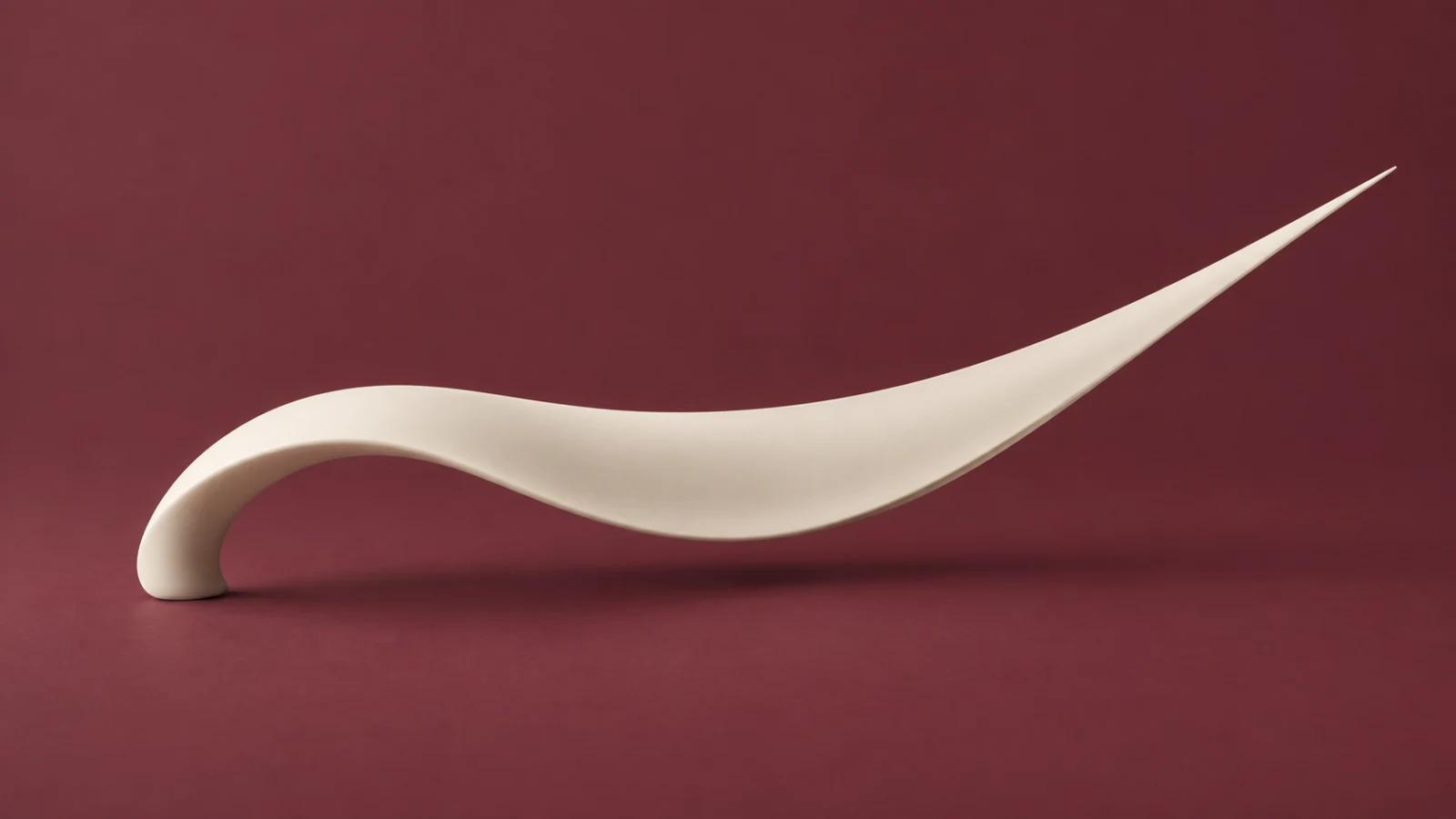 A flowing ivory wing-like sculpture curves upward against a deep wine-red background.