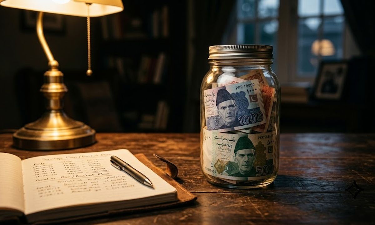 Glass jar with Pakistani PKR currency notes representing emergency fund savings 2026
