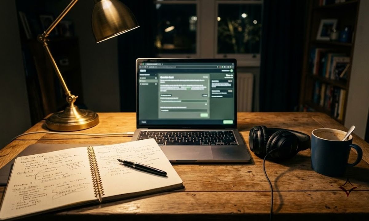Laptop showing English proficiency test interface for IELTS TOEFL PTE Duolingo comparison 2026