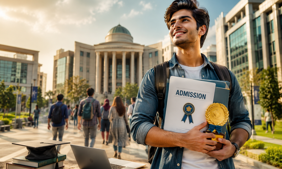 Pakistani student standing at university campus gate with backpack looking at buildings Fall 2026 admissions